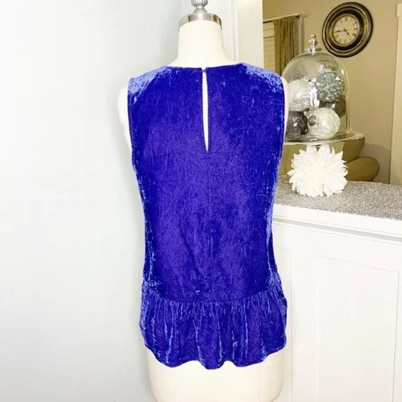 J. Crew Sleeveless Velvet Scoop Neck Popover Tank Top Ruffled Hem Cobalt Blue 0 - Picture 7 of 12